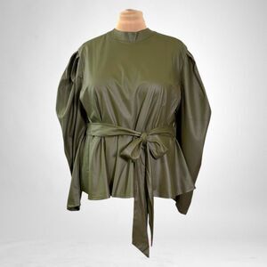 ASHLEY STEWART Faux Leather Puff Sleeve Self Tie Waist Peplum Top NWT! 26/28